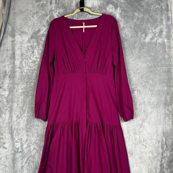 Free People Kendra  Dress Tiered Maxi Button Front Long Sleeve in Magenta Size L - Picture 6 of 13